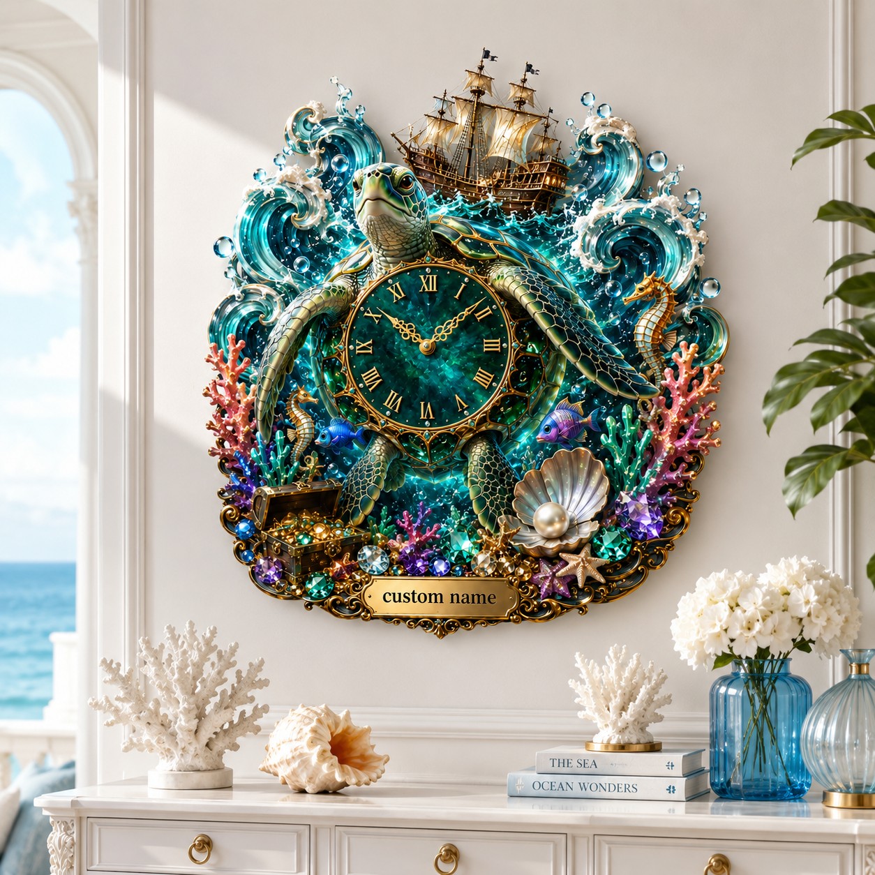 Personalized Fantasy Sea Turtle Wall Clock with Custom Name — personalized with a custom name