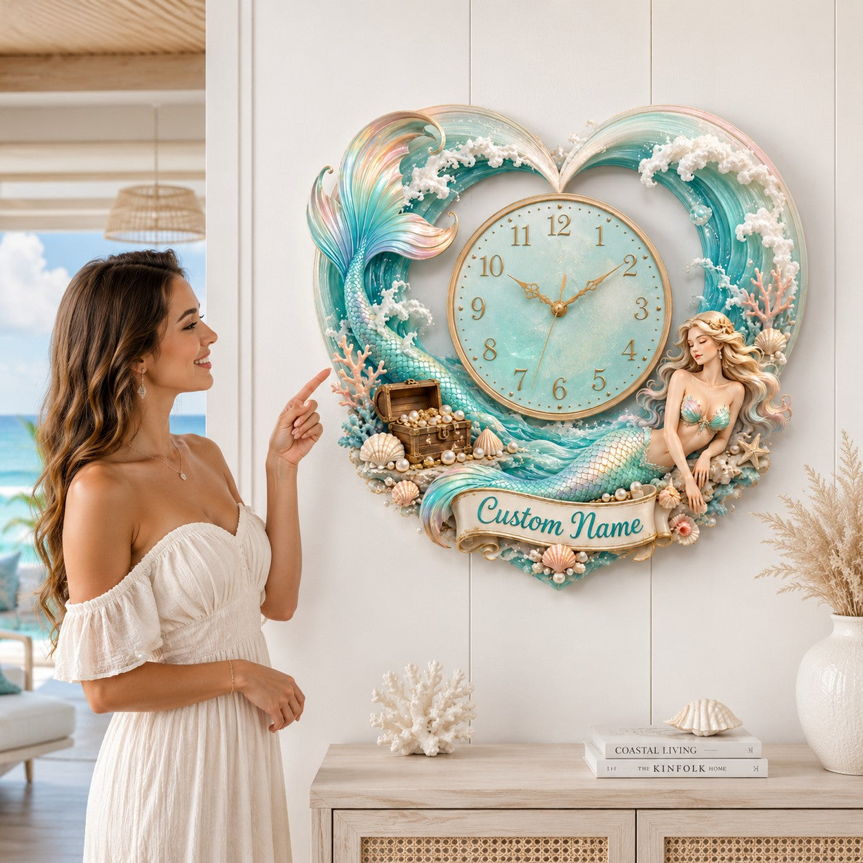 Personalized Heart-shaped Mermaid Wall Clock with Custom Name — personalized with a custom name