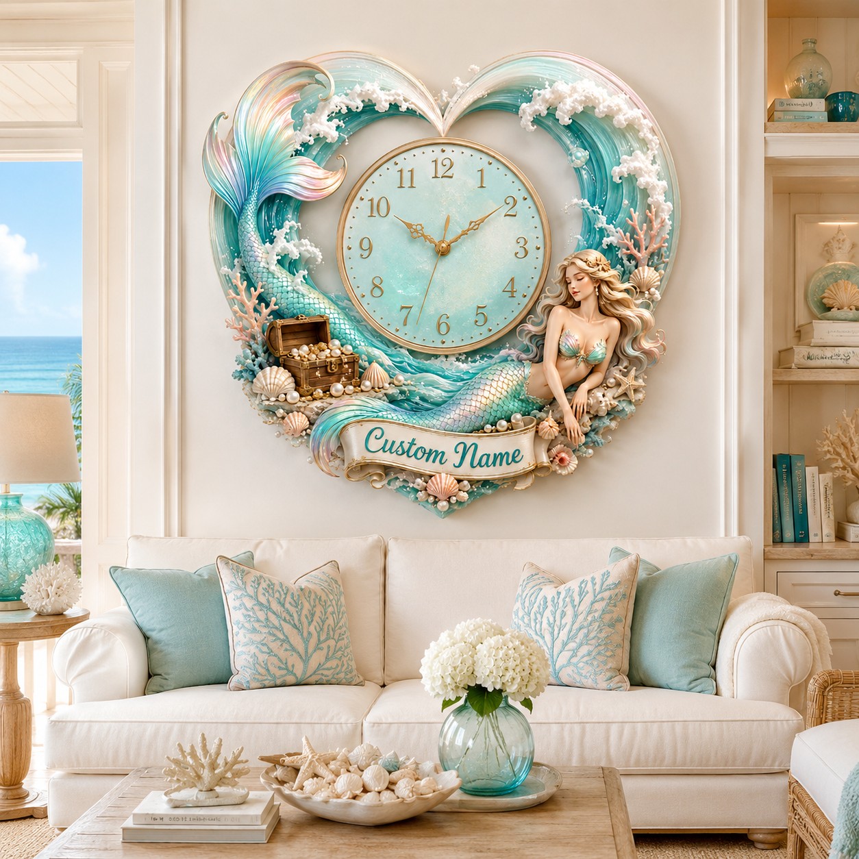Personalized Heart-shaped Mermaid Wall Clock with Custom Name — personalized with a custom name