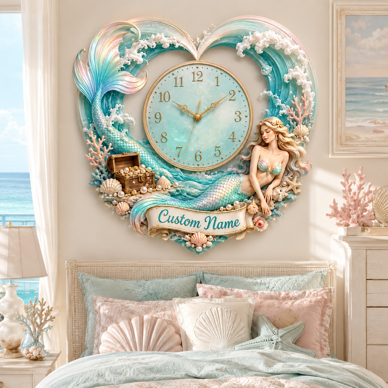 Personalized Heart-shaped Mermaid Wall Clock with Custom Name — personalized with a custom name