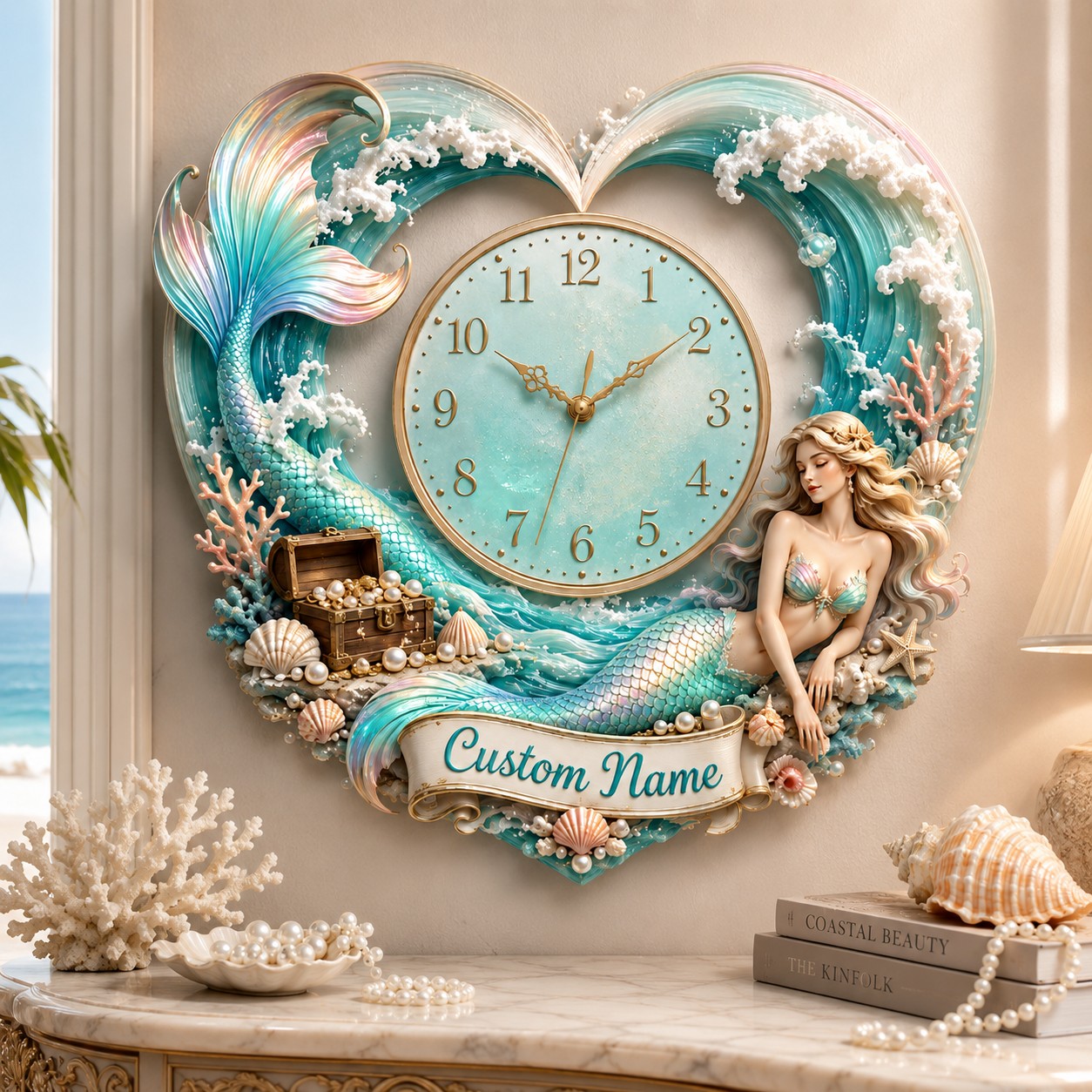 Personalized Heart-shaped Mermaid Wall Clock with Custom Name — personalized with a custom name