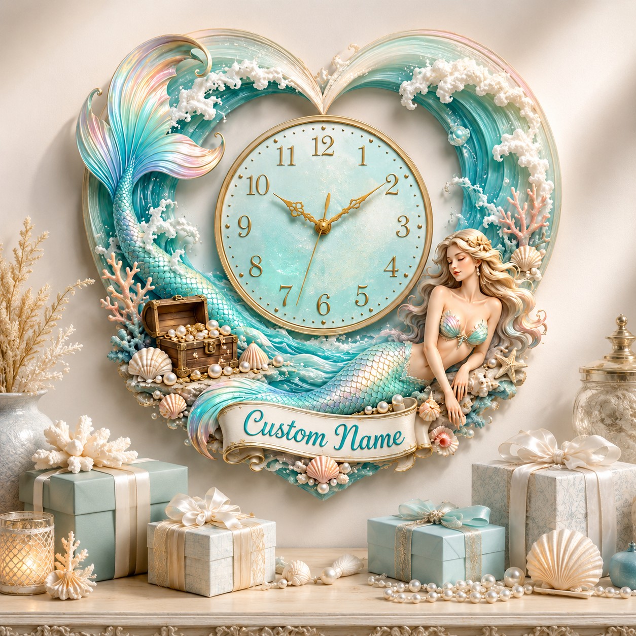 Personalized Heart-shaped Mermaid Wall Clock with Custom Name — personalized with a custom name