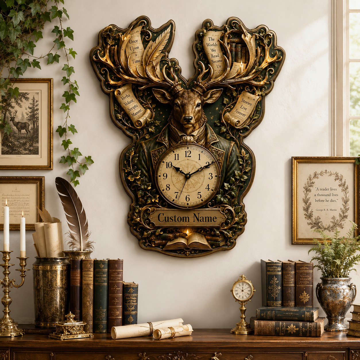 Personalized Literary Stag Wall Clock with Custom Name — personalized with a custom name
