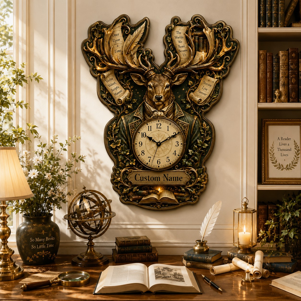 Personalized Literary Stag Wall Clock with Custom Name — personalized with a custom name
