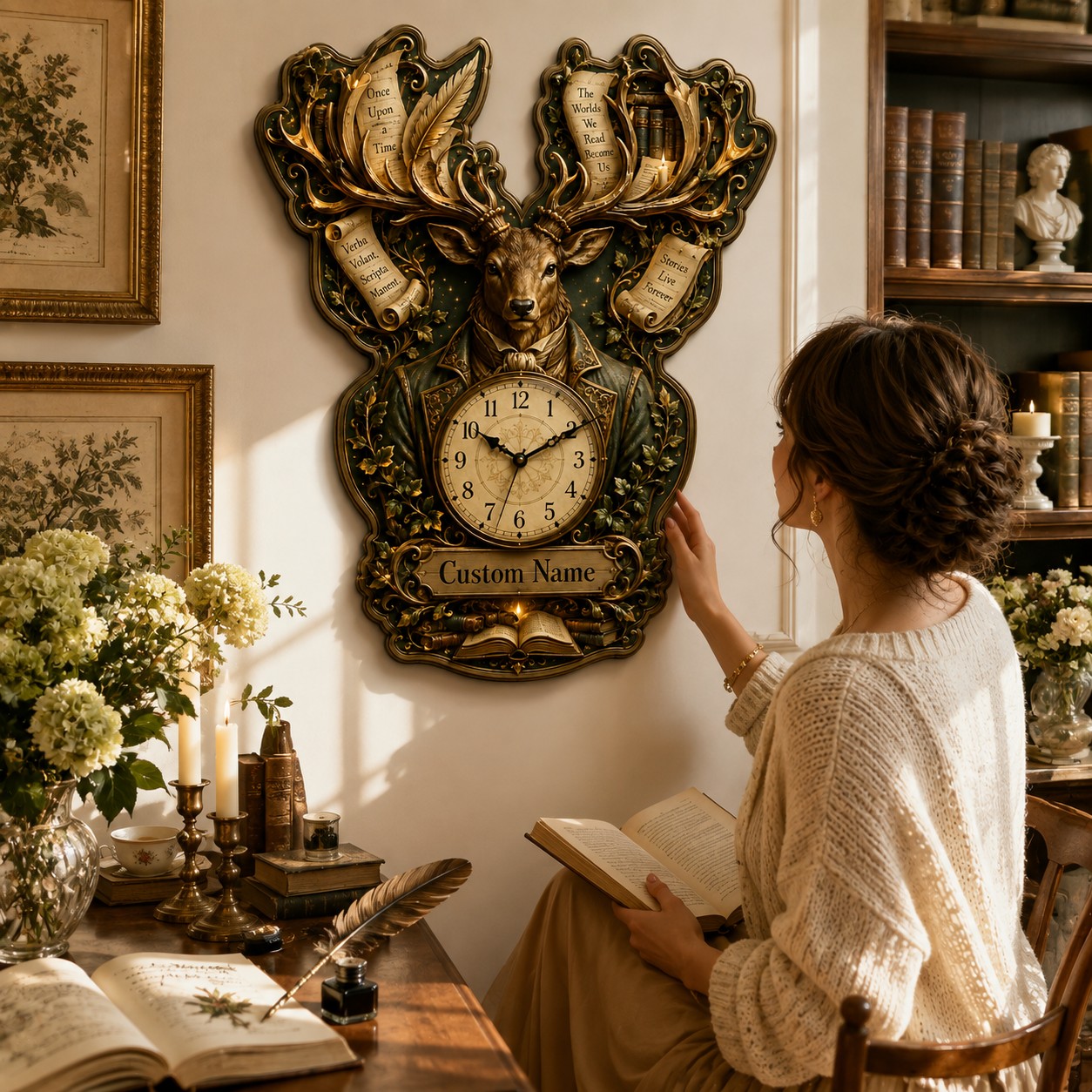 Personalized Literary Stag Wall Clock with Custom Name — personalized with a custom name