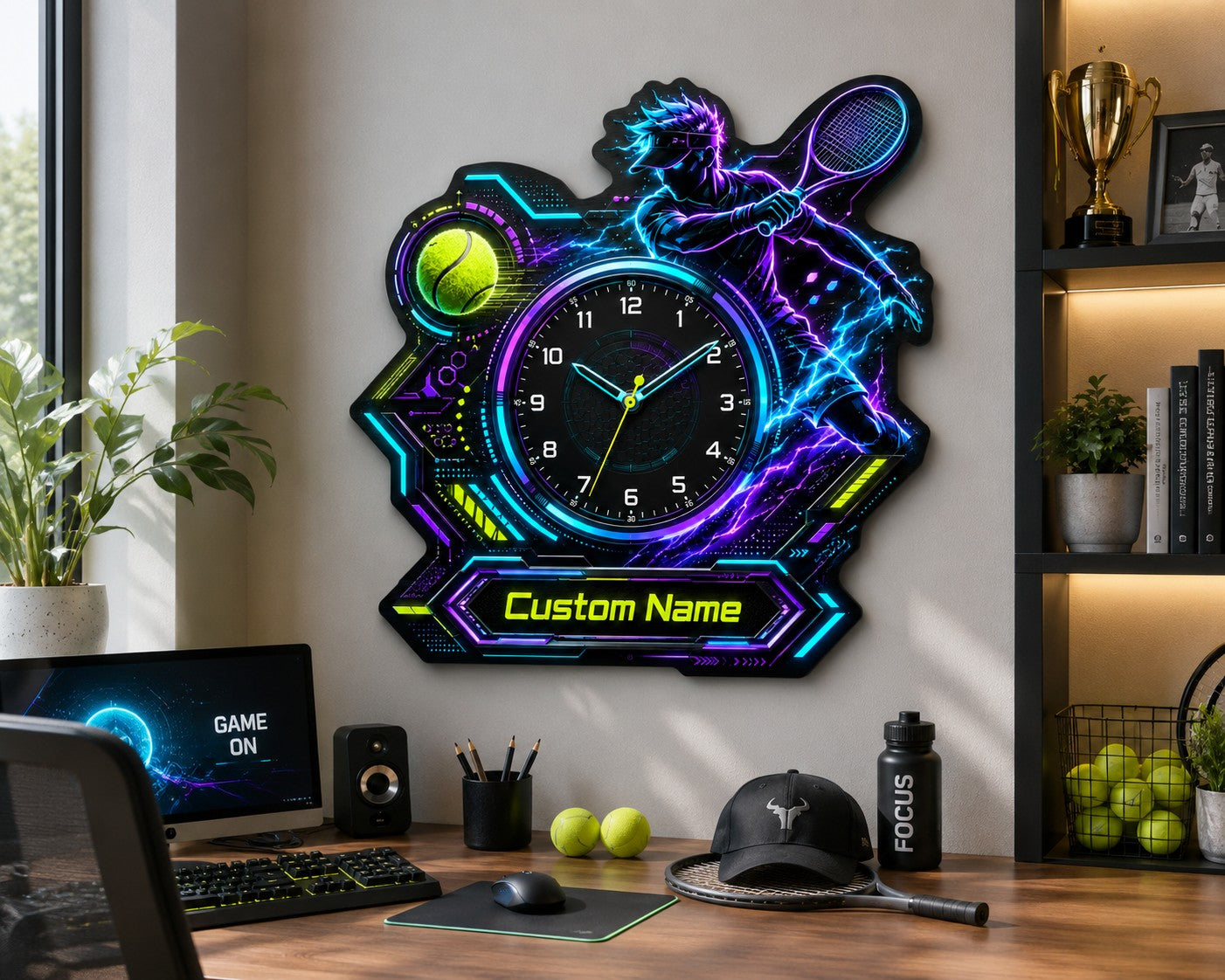 Personalized Cyber Tennis Wall Clock with Custom Name — personalized with a custom name