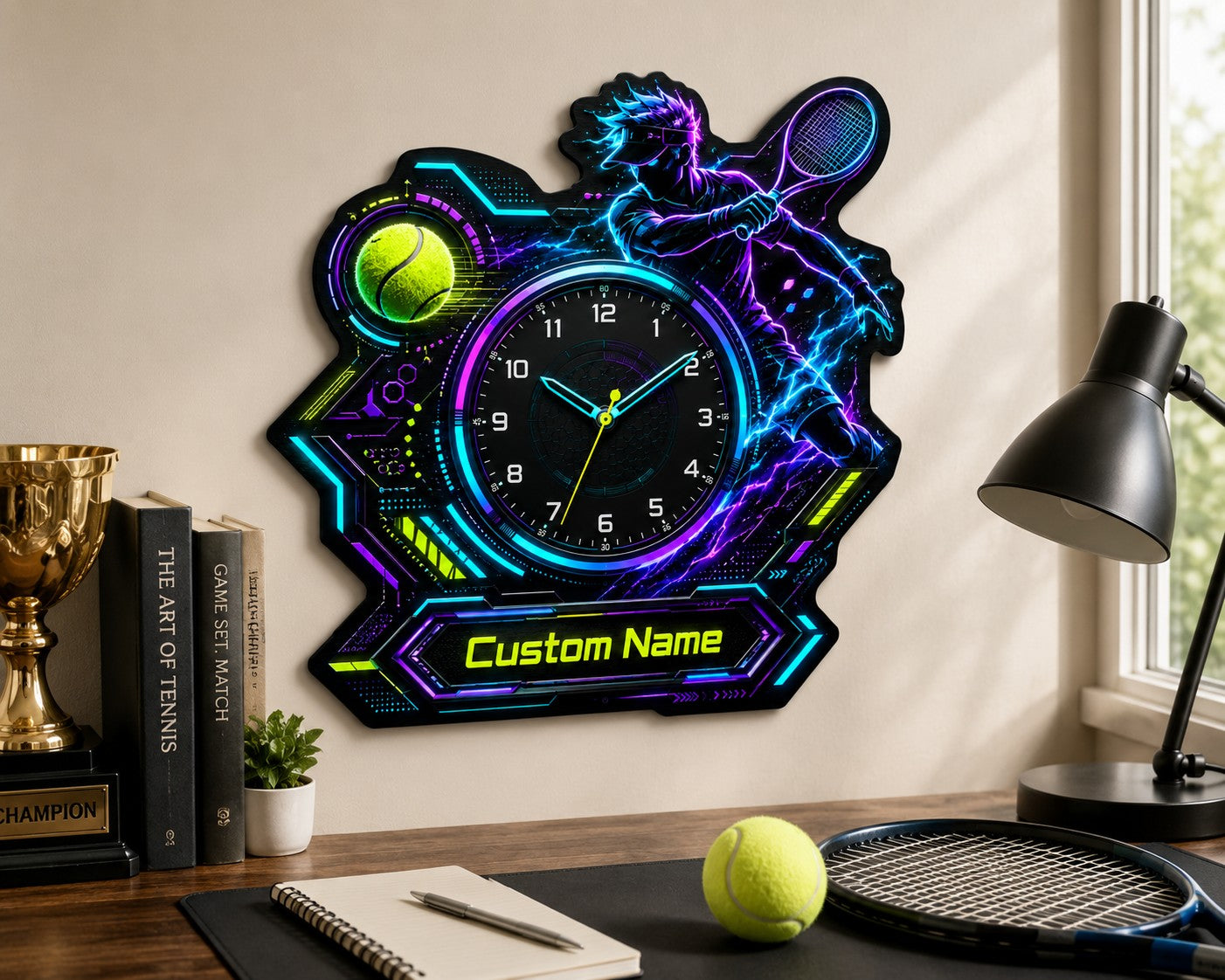 Personalized Cyber Tennis Wall Clock with Custom Name — personalized with a custom name
