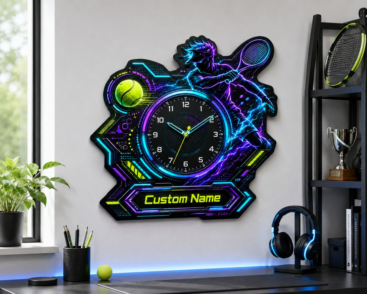 Personalized Cyber Tennis Wall Clock with Custom Name — personalized with a custom name