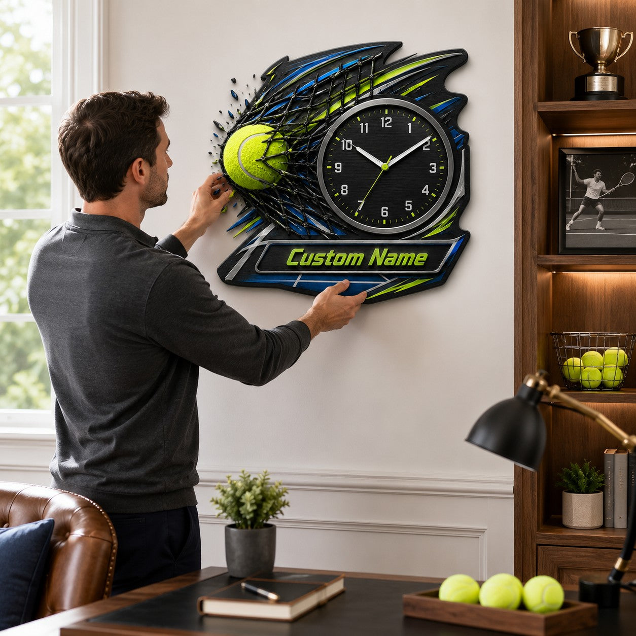 Personalized Tennis Power Shot Wall Clock with Custom Name — personalized with a custom name