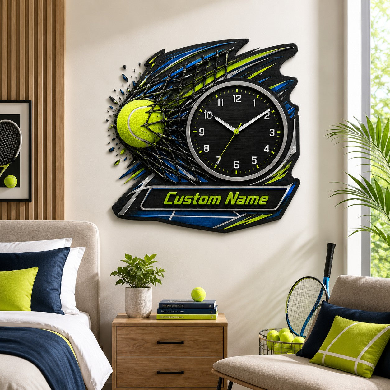 Personalized Tennis Power Shot Wall Clock with Custom Name — personalized with a custom name
