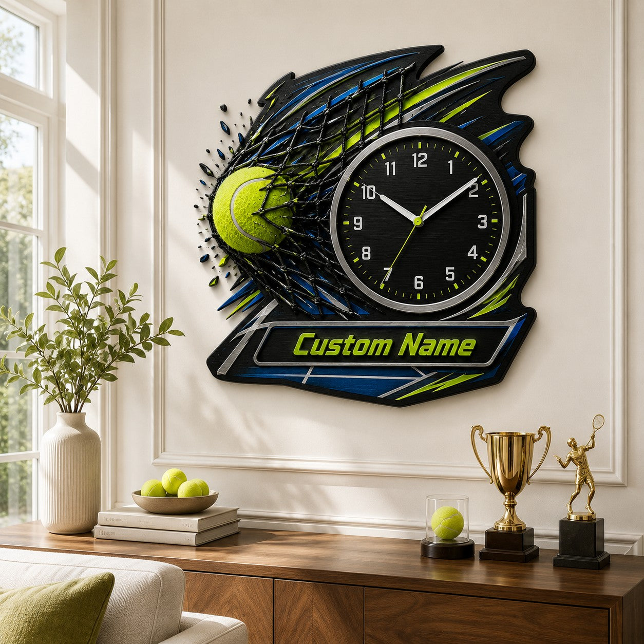 Personalized Tennis Power Shot Wall Clock with Custom Name — personalized with a custom name
