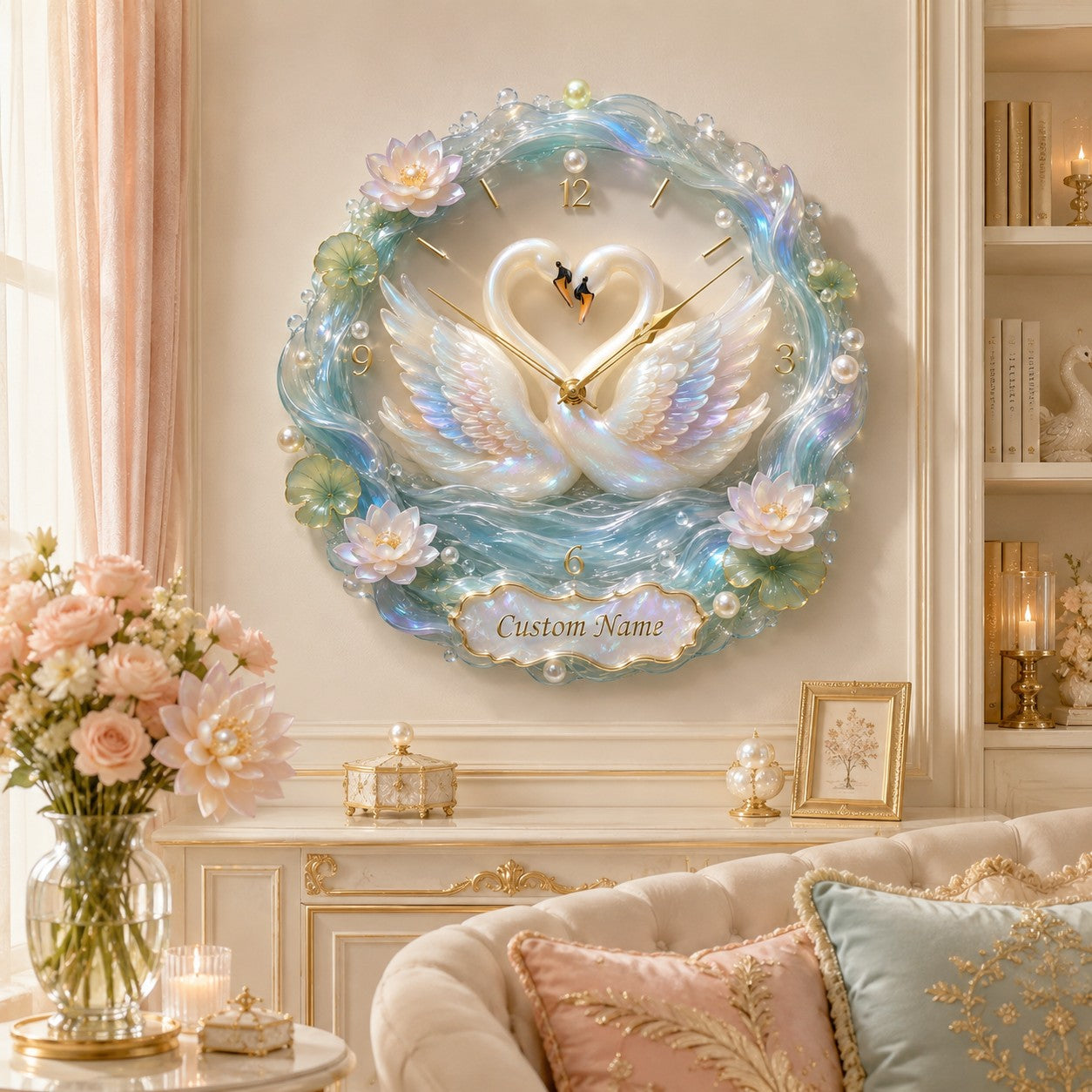 Personalized Elegant Feminine Interiors Wall Clock with Custom Name — personalized with a custom name