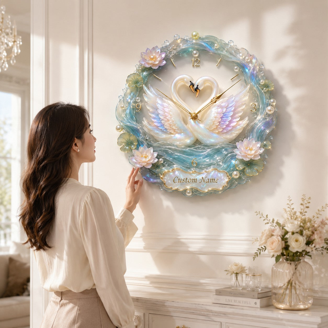 Personalized Elegant Feminine Interiors Wall Clock with Custom Name — personalized with a custom name