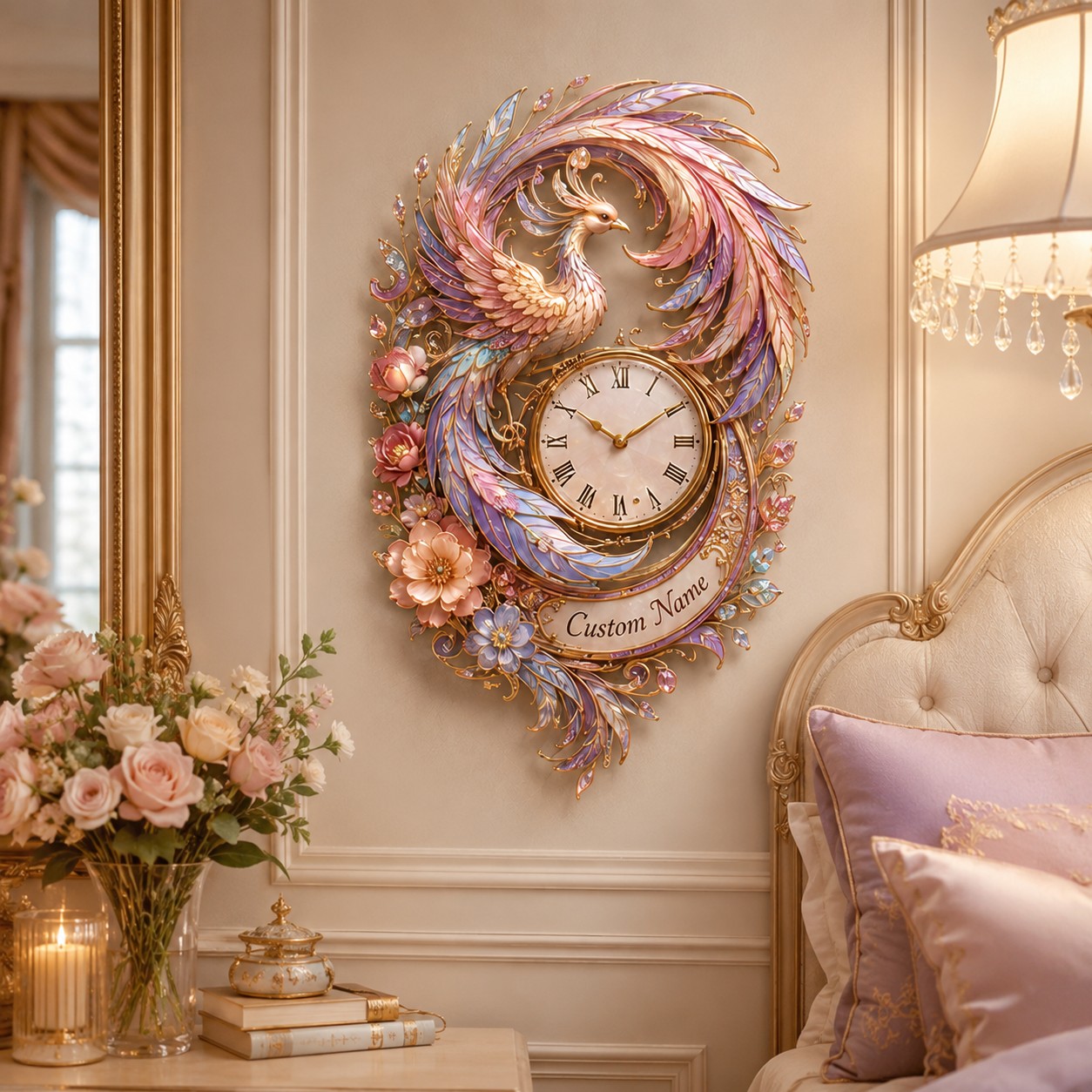 Personalized Pastel Phoenix Wall Clock with Custom Name — personalized with a custom name