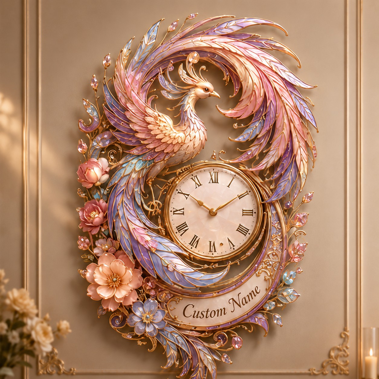 Personalized Pastel Phoenix Wall Clock with Custom Name — personalized with a custom name
