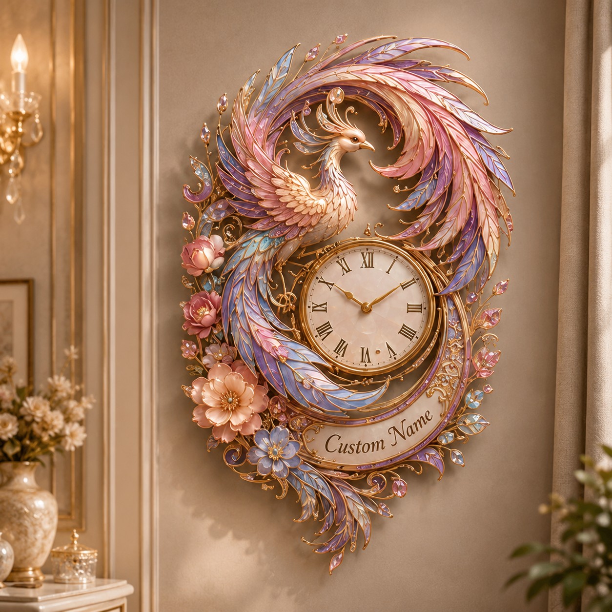 Personalized Pastel Phoenix Wall Clock with Custom Name — personalized with a custom name