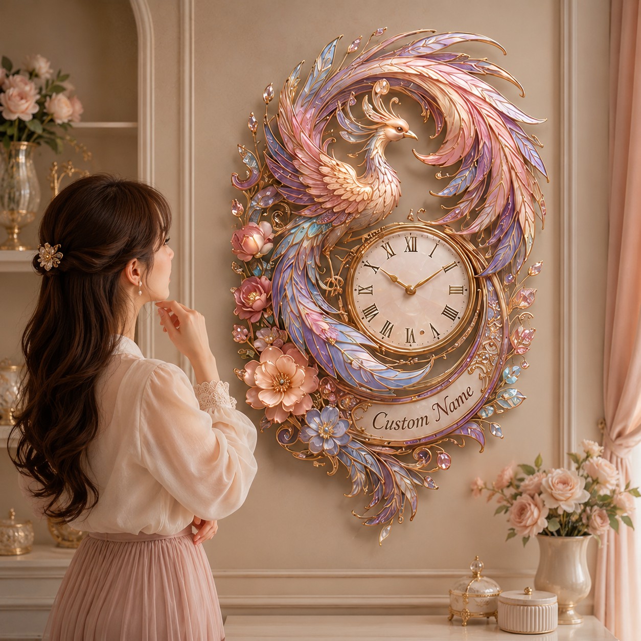 Personalized Pastel Phoenix Wall Clock with Custom Name — personalized with a custom name