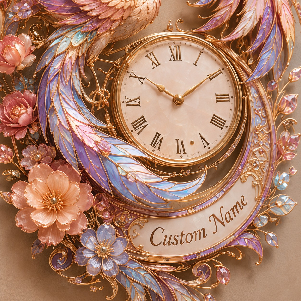 Personalized Pastel Phoenix Wall Clock with Custom Name — personalized with a custom name