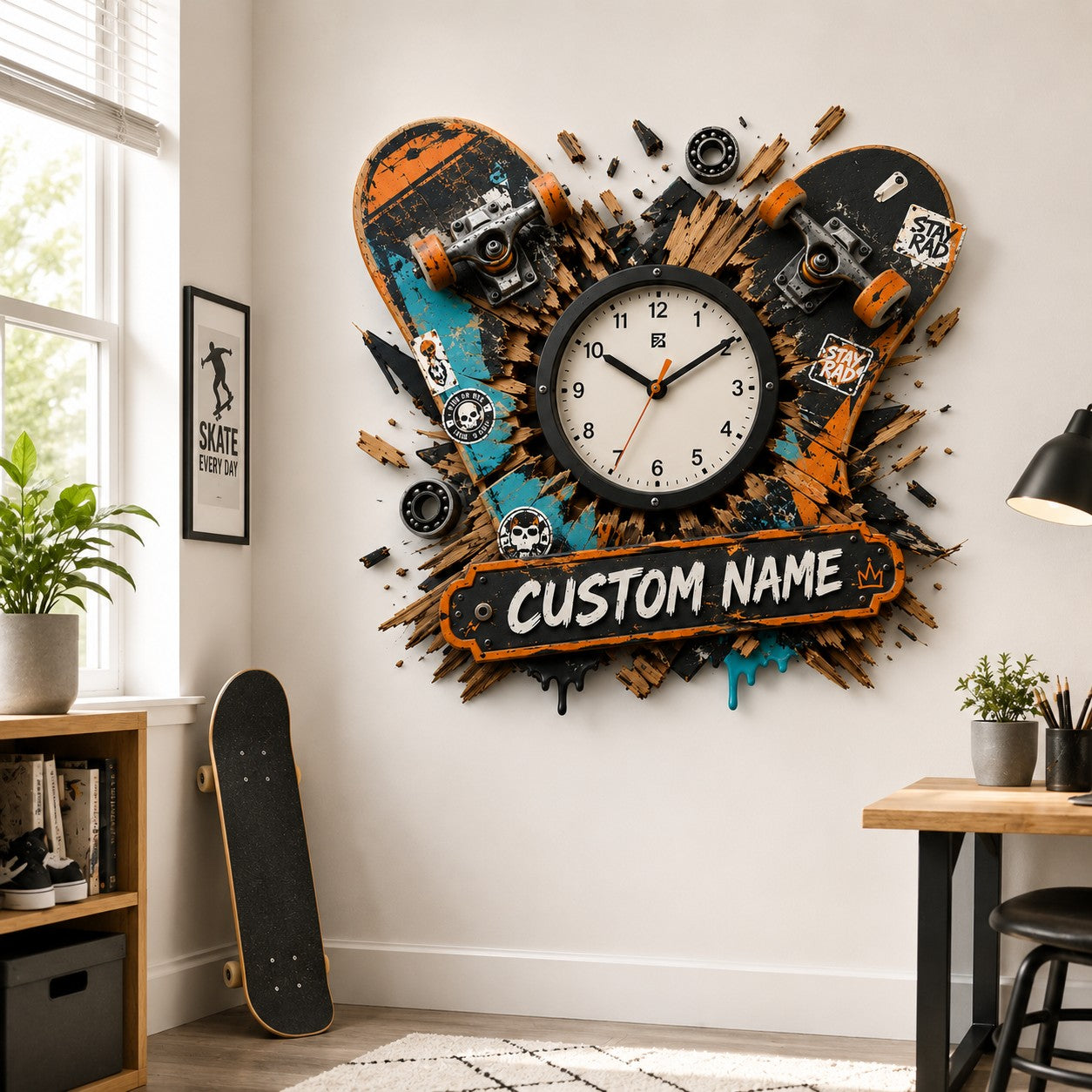Personalized Skateboarder Wall Clock with Custom Name — personalized with a custom name