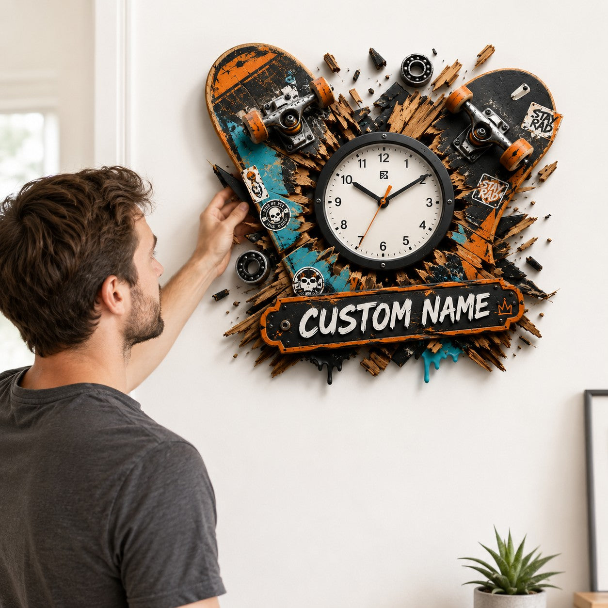 Personalized Skateboarder Wall Clock with Custom Name — personalized with a custom name