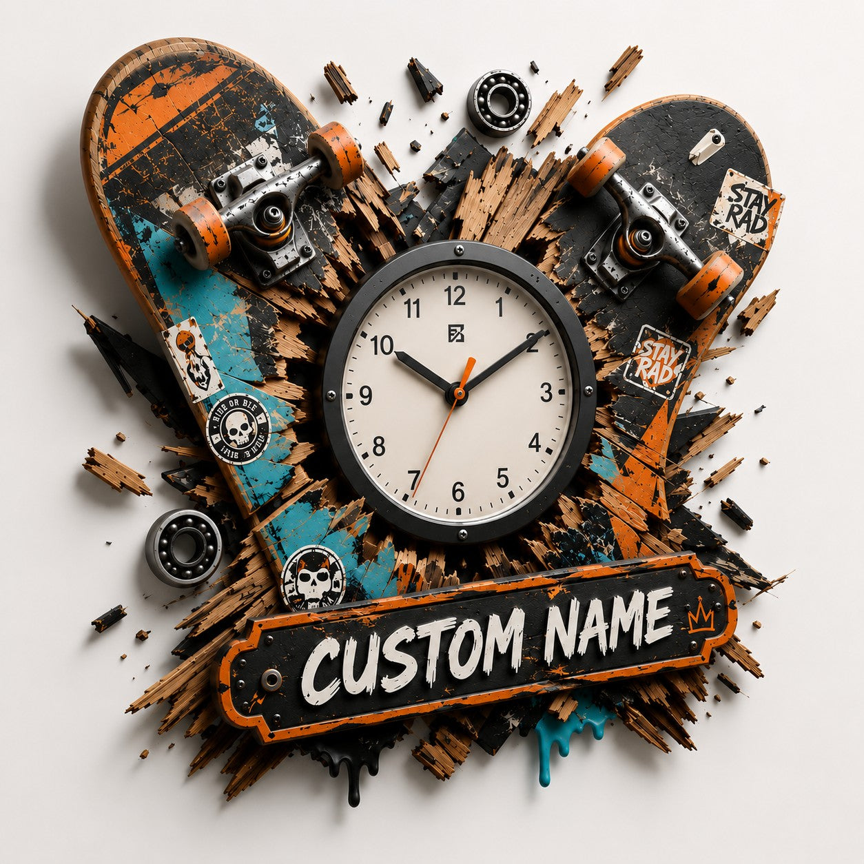 Personalized Skateboarder Wall Clock with Custom Name — personalized with a custom name