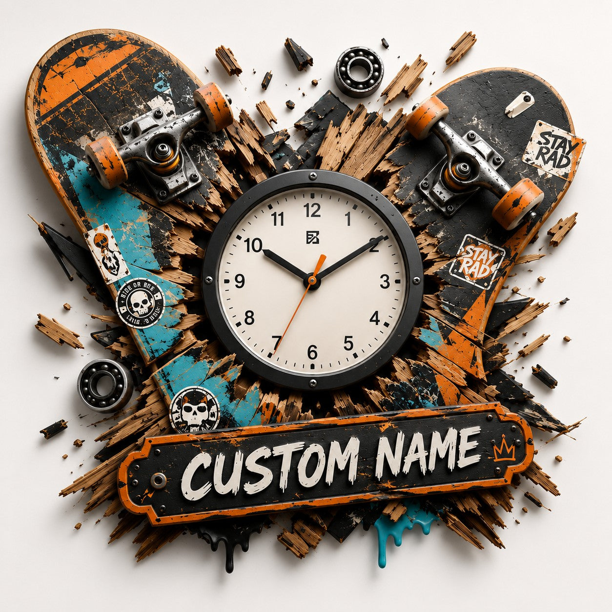 Personalized Skateboarder Wall Clock with Custom Name — personalized with a custom name