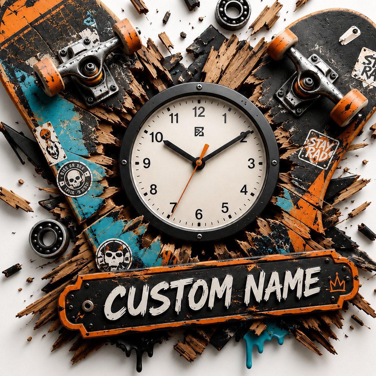Personalized Skateboarder Wall Clock with Custom Name — personalized with a custom name