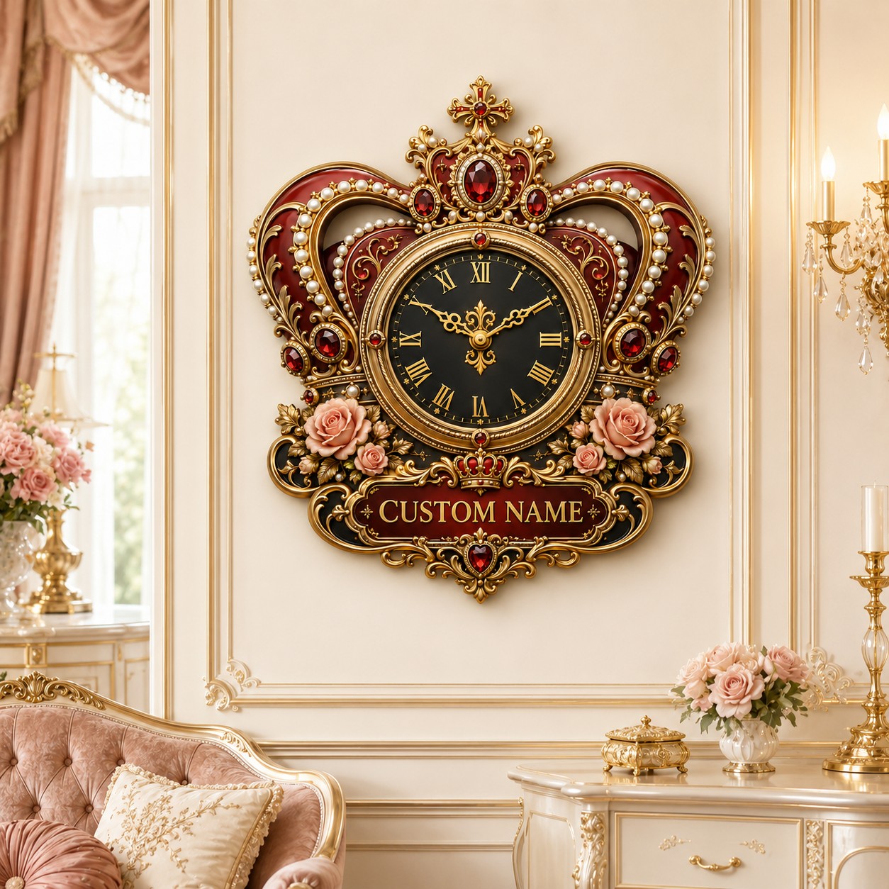 Personalized Princess Crown Wall Clock with Custom Name — personalized with a custom name