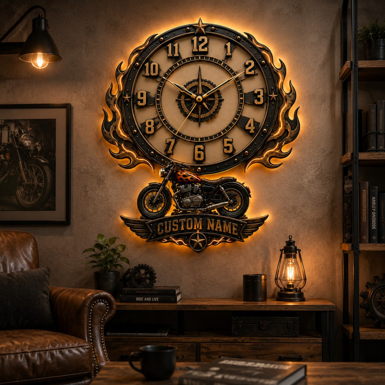Personalized Motorcycle Enthusiast Wall Clock with Custom Name — personalized with a custom name