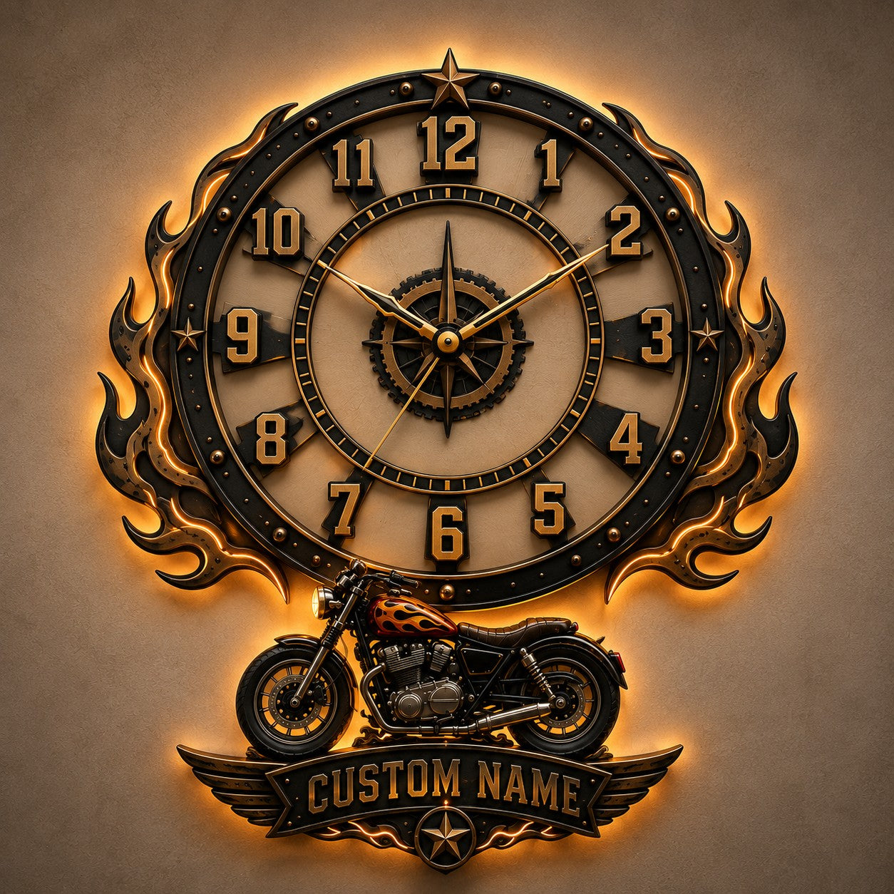 Personalized Motorcycle Enthusiast Wall Clock with Custom Name — personalized with a custom name
