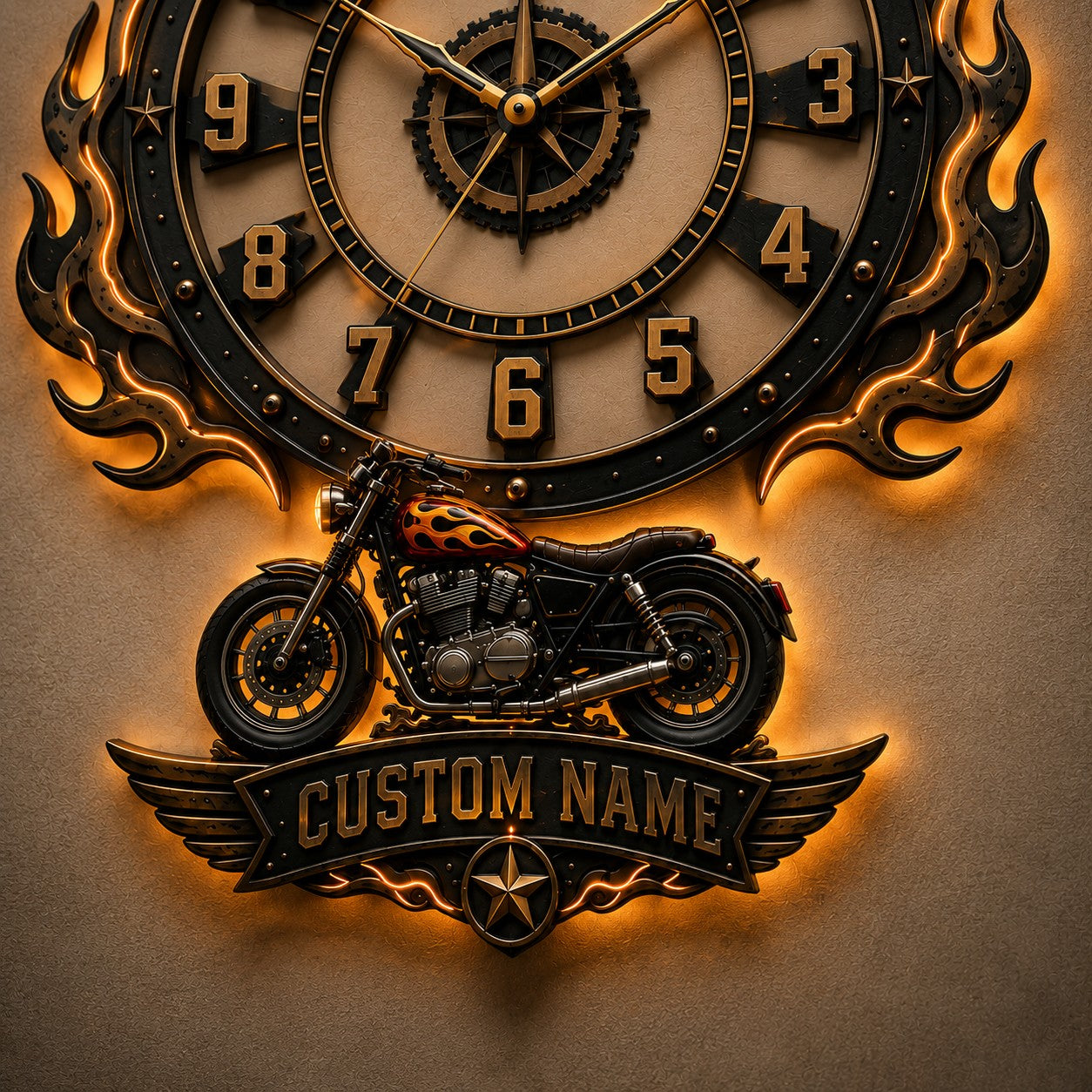 Personalized Motorcycle Enthusiast Wall Clock with Custom Name — personalized with a custom name