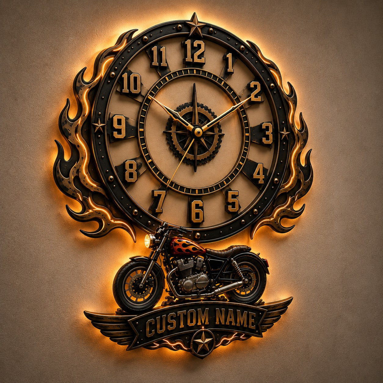 Personalized Motorcycle Enthusiast Wall Clock with Custom Name — personalized with a custom name