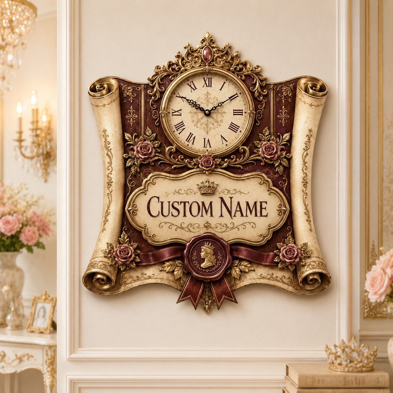 Personalized Royal Scroll Wall Clock with Custom Name — personalized with a custom name
