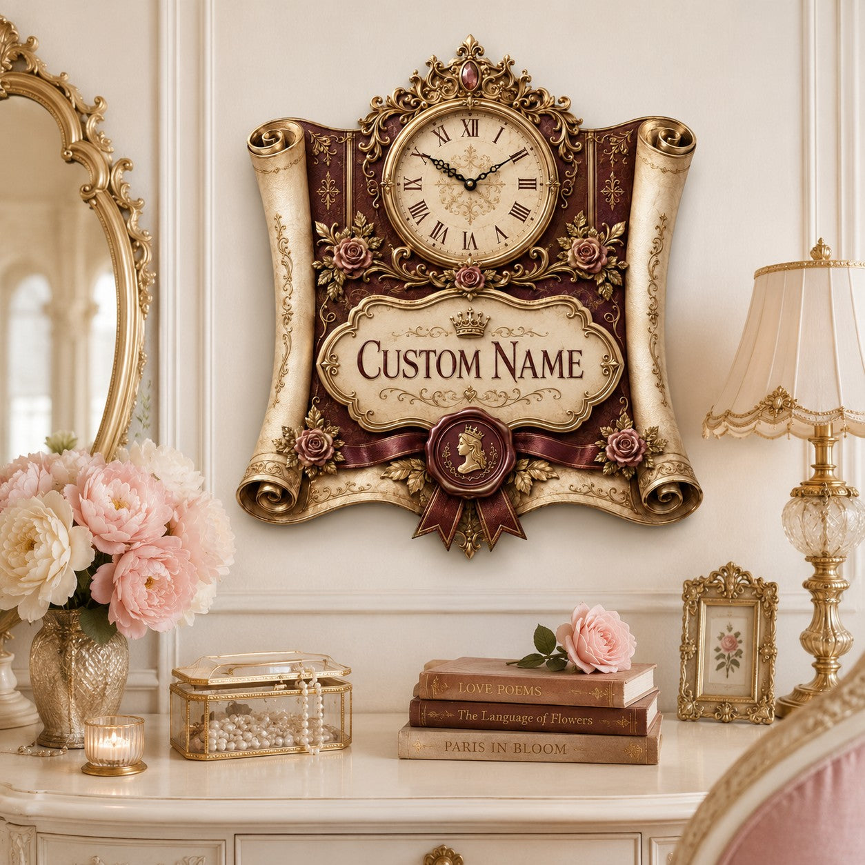 Personalized Royal Scroll Wall Clock with Custom Name — personalized with a custom name