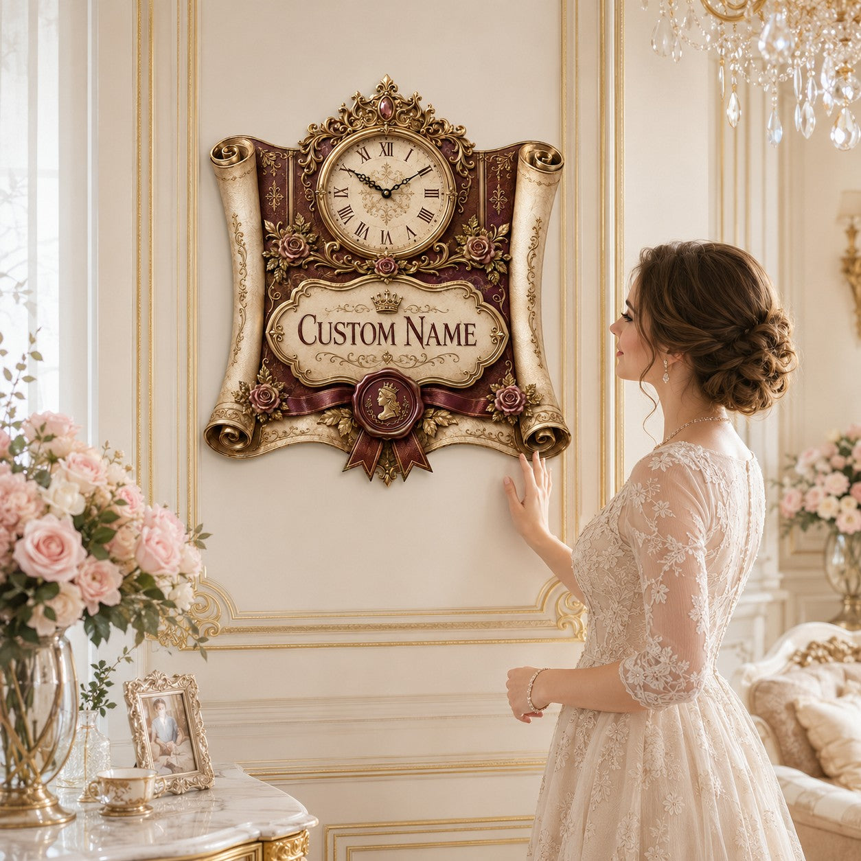 Personalized Royal Scroll Wall Clock with Custom Name — personalized with a custom name