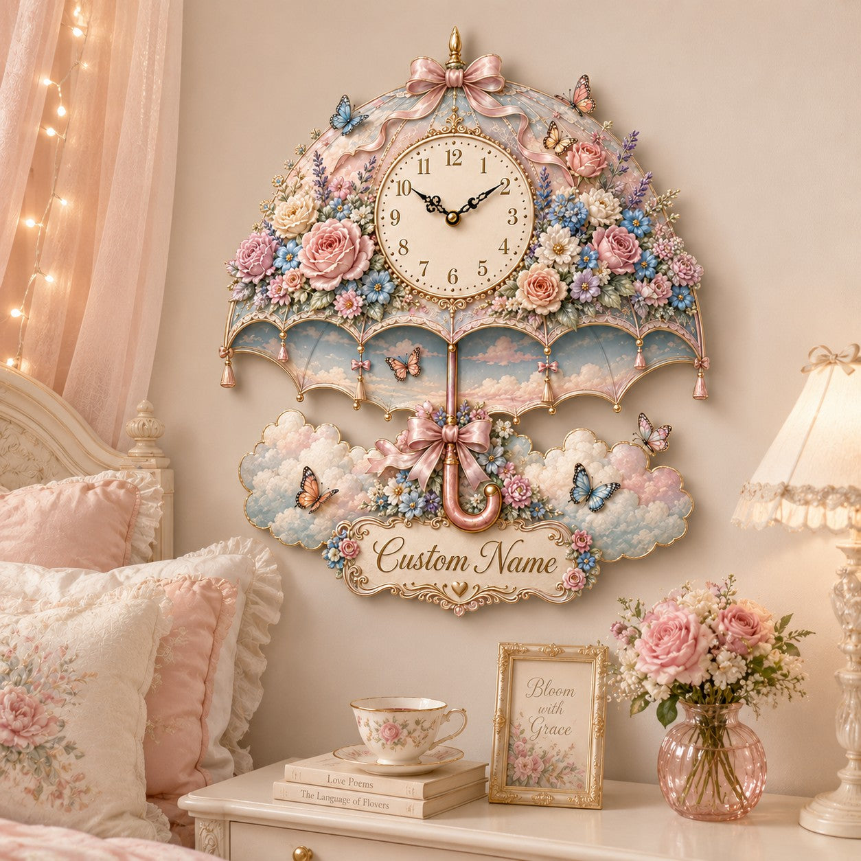 Personalized Umbrella Wall Clock with Custom Name — personalized with a custom name